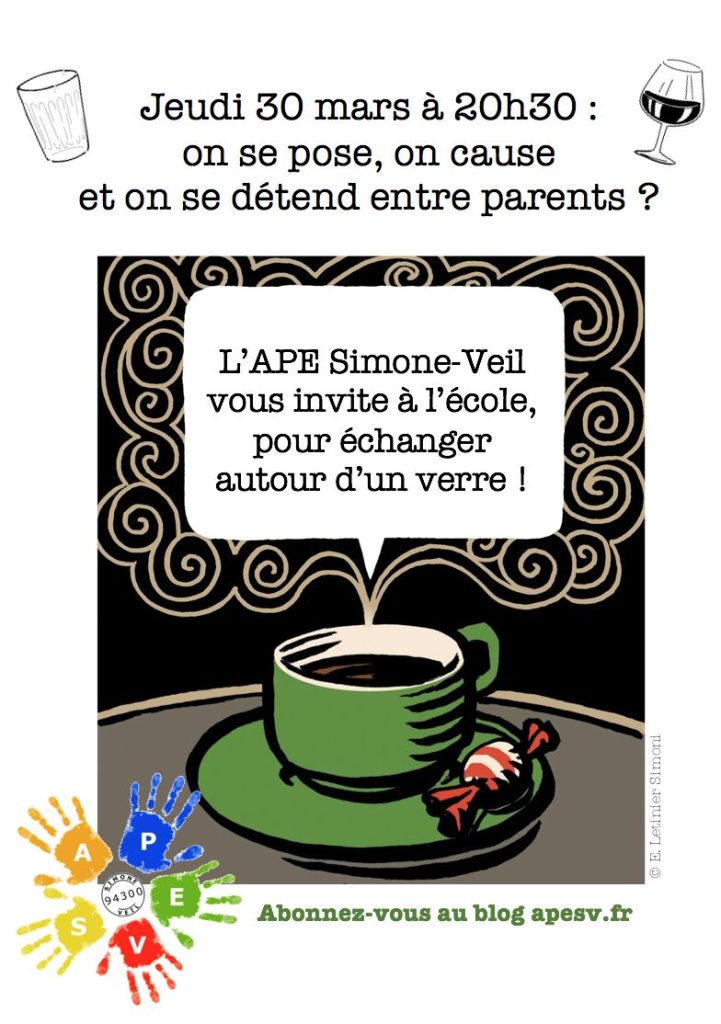 Affiche d'invitation pour échanger entre parents autour d'un verre, à l'école, le jeudi 30 mars à 20h30